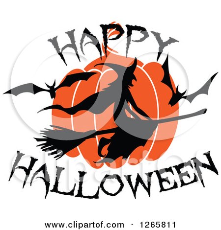 Clipart of a Happy Halloween Trick or Treat Bat Witch and Pumpkin Design - Royalty Free Vector Illustration by Vector Tradition SM