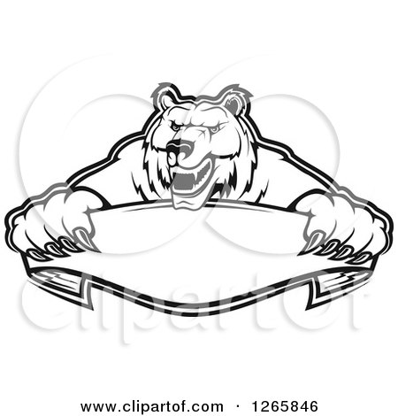Clipart of a Black and White Bear Holding a Blank Ribbon Banner - Royalty Free Vector Illustration by Vector Tradition SM
