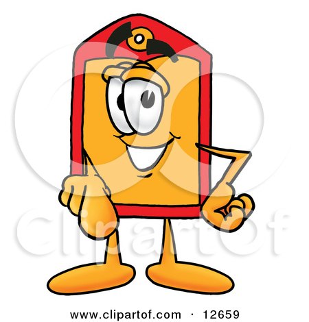 Clipart Picture of a Price Tag Mascot Cartoon Character Pointing at the Viewer by Mascot Junction