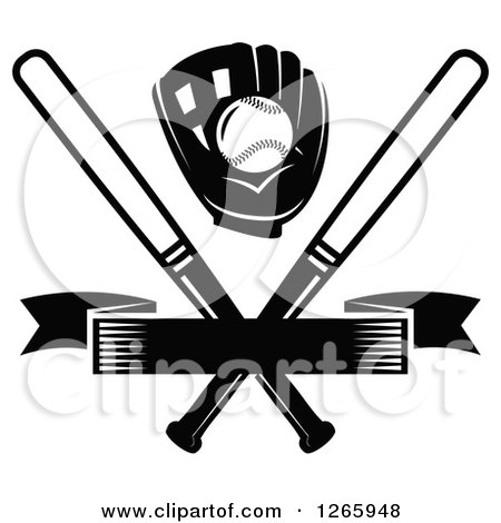 Clipart of a Black and White Baseball in a Glove over Crossed Bats and a Blank Banner - Royalty Free Vector Illustration by Vector Tradition SM