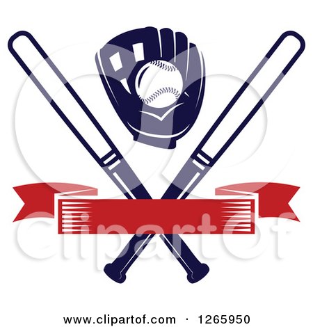 Clipart of a Baseball in a Glove over Crossed Bats and a Blank Red Banner - Royalty Free Vector Illustration by Vector Tradition SM