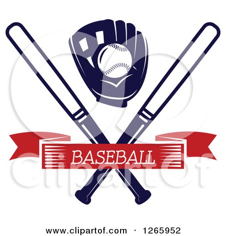 Clipart of a Baseball in a Glove over Crossed Bats and a Red Text Banner - Royalty Free Vector Illustration by Vector Tradition SM