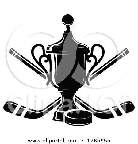 Clipart of a Black and White Trophy with a Hockey Puck and Crossed Sticks - Royalty Free Vector Illustration by Vector Tradition SM