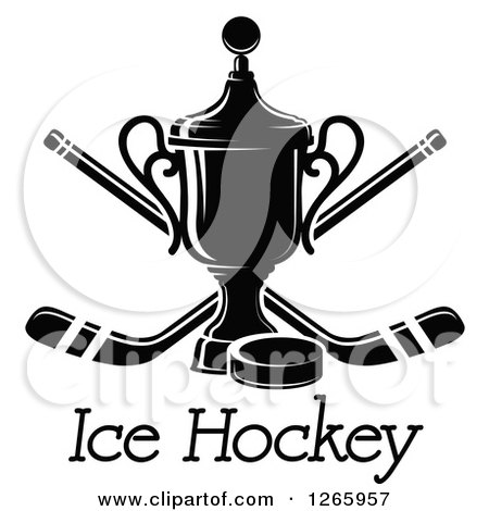 Clipart of a Black and White Trophy with a Hockey Puck and Crossed Sticks over Text - Royalty Free Vector Illustration by Vector Tradition SM