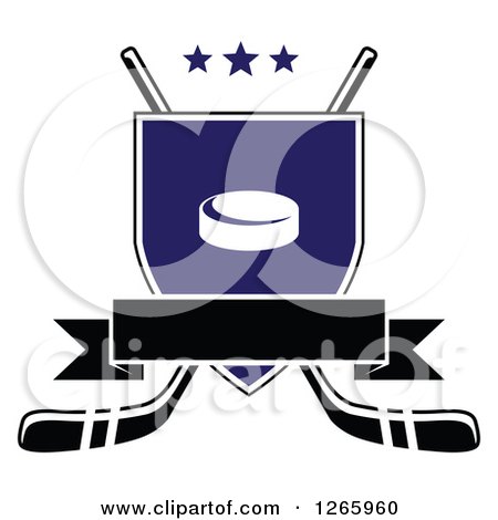 Clipart of a Blank Banner over a Shield with a Hockey Puck and Crossed Hockey Sticks - Royalty Free Vector Illustration by Vector Tradition SM