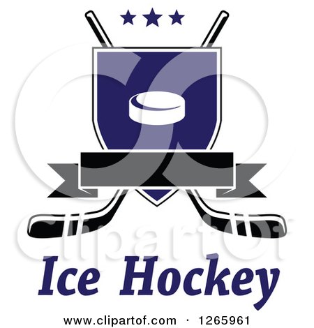 Clipart of a Blank Banner over a Shield with a Hockey Puck and Crossed Hockey Sticks and Text - Royalty Free Vector Illustration by Vector Tradition SM