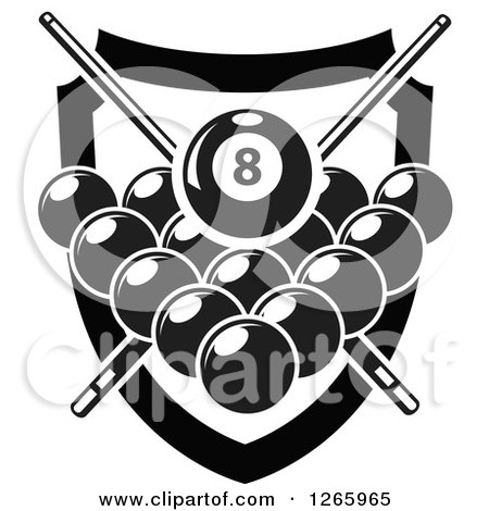 Clipart of a Black and White Billiards Pool Eight Ball and Crossed Cue Sticks over Other Balls and a Shield - Royalty Free Vector Illustration by Vector Tradition SM