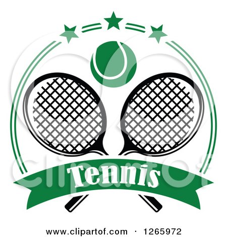 Clipart of a Tennis Ball over Crossed Rackets in a Green Circle with Stars and a Text Banner - Royalty Free Vector Illustration by Vector Tradition SM