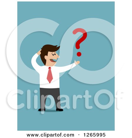 Clipart of a Caucasian Businessman Holding a Question Mark on Blue - Royalty Free Vector Illustration by Vector Tradition SM