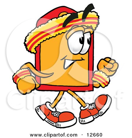 Clipart Picture of a Price Tag Mascot Cartoon Character Speed Walking or Jogging by Mascot Junction