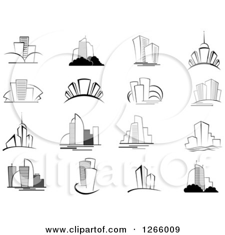 Clipart of Black and White Skyscraper Building Designs - Royalty Free Vector Illustration by Vector Tradition SM