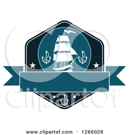 Clipart of a Nautical Ship and Anchors over a Blank Banner - Royalty Free Vector Illustration by Vector Tradition SM