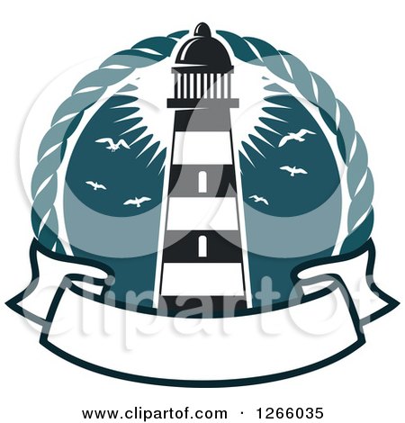 Clipart of a Nautical Lighthouse and Seagull Sunset over a Blank Banner - Royalty Free Vector Illustration by Vector Tradition SM