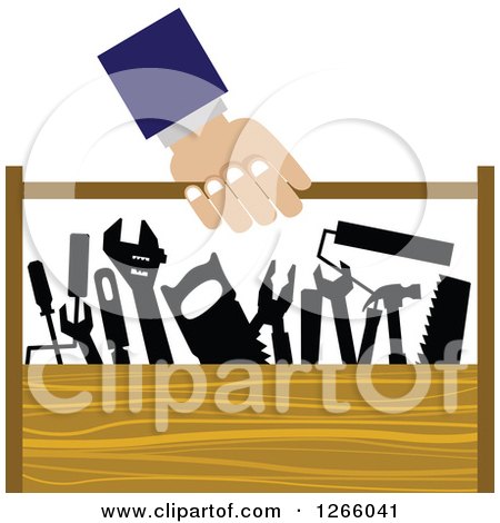 Clipart of a Handy Man Carrying a Wood Tool Box - Royalty Free Vector Illustration by Vector Tradition SM