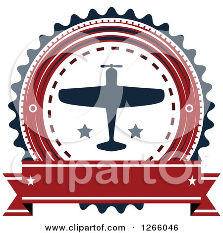 Clipart of a Red Blue and White Airplane Logo with a Blank Banner - Royalty Free Vector Illustration by Vector Tradition SM