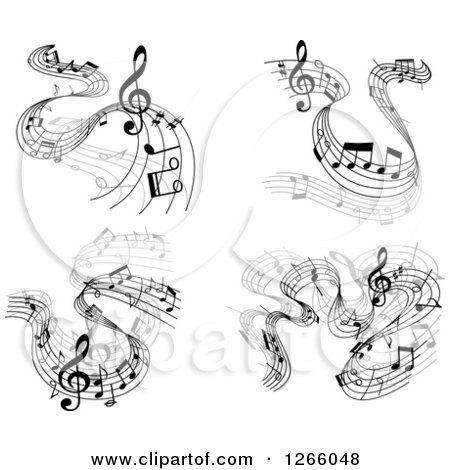 Clipart of Grayscale Flowing Music Note Designs - Royalty Free Vector Illustration by Vector Tradition SM
