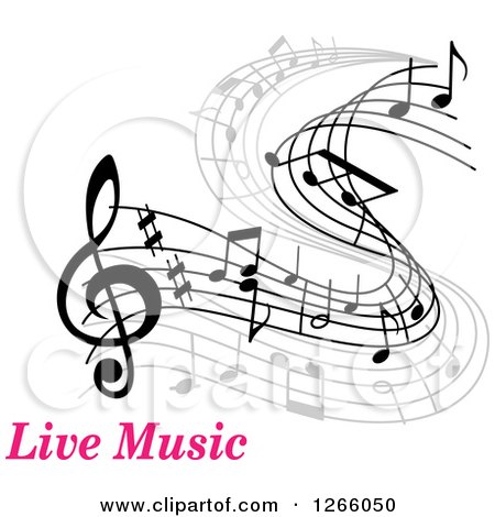 Clipart of Grayscale Flowing Music Notes over Pink Text - Royalty Free Vector Illustration by Vector Tradition SM