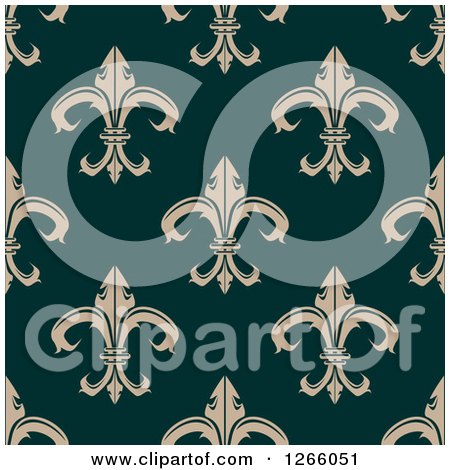 Clipart of a Seamless Pattern Background of Tan Fleur De Lis on Teal - Royalty Free Vector Illustration by Vector Tradition SM