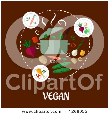 Clipart of a Food Around a Pot in a Circle on Brown with Vegan Text - Royalty Free Vector Illustration by Vector Tradition SM