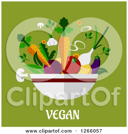 Clipart of a Bowl and Vegetables with Vegan Text on Green - Royalty Free Vector Illustration by Vector Tradition SM