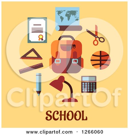 Clipart of School Supplies and Text on Yellow - Royalty Free Vector Illustration by Vector Tradition SM