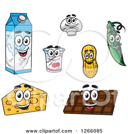 Clipart of Milk Carton, Yogurt, Mushroom, Peanut, Pea, Chocolate and Cheese Characters - Royalty Free Vector Illustration by Vector Tradition SM