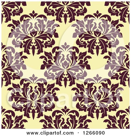 Clipart of a Seamless Pattern Background of Vintage Brown Floral Damask on Yellow - Royalty Free Vector Illustration by Vector Tradition SM