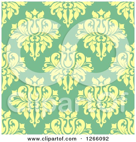 Clipart of a Seamless Pattern Background of Vintage Yellow Floral Damask on Green - Royalty Free Vector Illustration by Vector Tradition SM