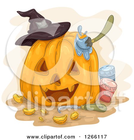 Clipart of a Carved Halloween Jackolantern Pumpkin with a Witch Hat, Tool and Paints - Royalty Free Vector Illustration by BNP Design Studio