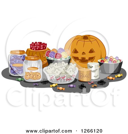 Clipart of a Carved Halloween Jackolantern Pumpkin and Sweets - Royalty Free Vector Illustration by BNP Design Studio