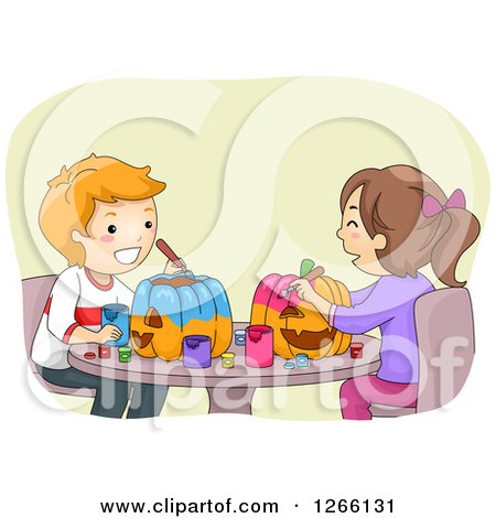 Clipart of a Caucasian Boy and Girl Painting Halloween Pumpkins Together| Royalty Free Vector Illustration by BNP Design Studio