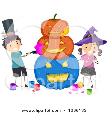 Clipart of a Caucasian Boy and Girl Stacking and Painting Carved Halloween Pumpkins - Royalty Free Vector Illustration by BNP Design Studio