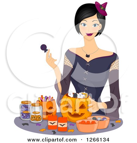 Clipart of a Young Asian Woman Dressed As a Witch, Filling Halloween Pumpkins with Candy - Royalty Free Vector Illustration by BNP Design Studio