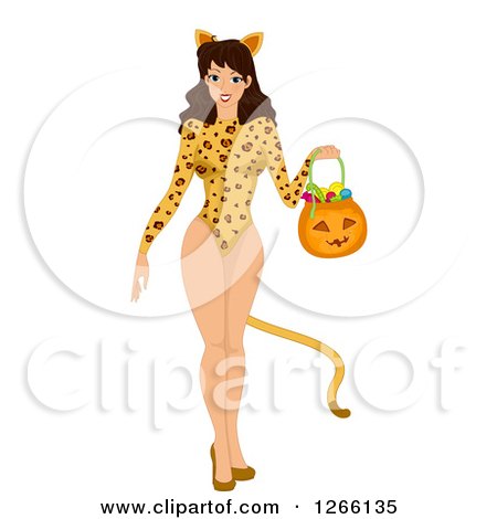 Clipart of a Brunette Caucasian Woman Trick or Treating in a Sexy Jaguar Costume - Royalty Free Vector Illustration by BNP Design Studio