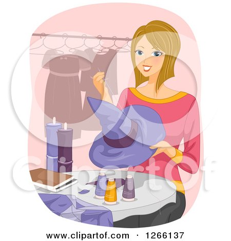 Clipart of a Blond White Woman Sewing a Halloween Witch Hat and Costume - Royalty Free Vector Illustration by BNP Design Studio