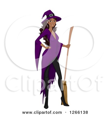 Clipart of a Black Witch Woman Posing with a Broom - Royalty Free Vector Illustration by BNP Design Studio