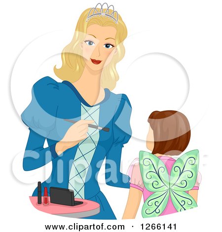 Clipart of a Blond White Princess Mother Applying Halloween Fairy Make up on Her Daughter's Face - Royalty Free Vector Illustration by BNP Design Studio