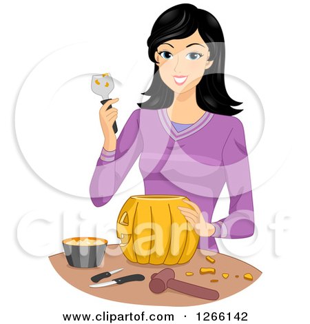 Clipart of a Young Asian Woman Carving a Halloween Pumpkin - Royalty Free Vector Illustration by BNP Design Studio