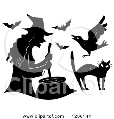 Clipart of a Black Silhouetted Witch Stirring a Cauldron, with Bats, a Crow and Cat - Royalty Free Vector Illustration by BNP Design Studio