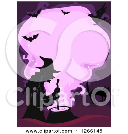 Clipart of a Silhouetted Witch Stirring a Cauldron, with Bats, a Crow and Cat over Purple Smoke - Royalty Free Vector Illustration by BNP Design Studio