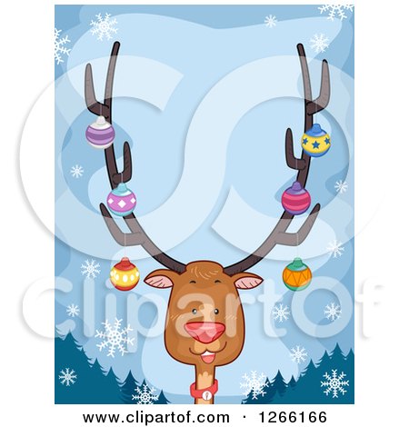 Clipart of a Red Nosed Reindeer with Baubles on His Antlers over Blue Text Space - Royalty Free Vector Illustration by BNP Design Studio