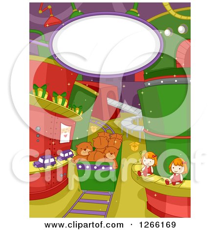 Clipart of Teddy Bears, Dolls, Gifts and Toys on Tracks in Santas Factory with Text Space - Royalty Free Vector Illustration by BNP Design Studio