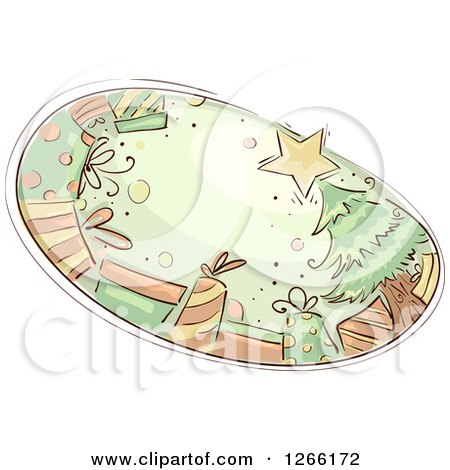 Clipart of a Sketched Christmas Tree and Gifts Oval - Royalty Free Vector Illustration by BNP Design Studio