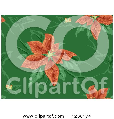 Clipart of a Seamless Background of Red Christmas Poinsettias on Green - Royalty Free Vector Illustration by BNP Design Studio