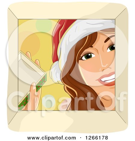 Clipart of a Happy Caucasian Woman Wearing a Santa Hat and Looking down into a Christmas Gift Box - Royalty Free Vector Illustration by BNP Design Studio