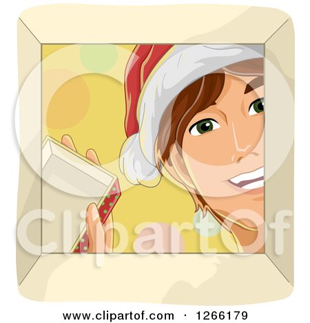 Clipart of a Happy Caucasian Man Wearing a Santa Hat and Looking down into a Christmas Gift Box - Royalty Free Vector Illustration by BNP Design Studio