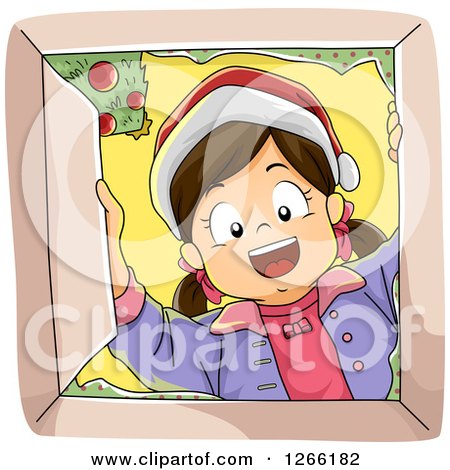 Clipart of a Happy Caucasian Girl Wearing a Santa Hat and Looking down into a Christmas Gift Box - Royalty Free Vector Illustration by BNP Design Studio
