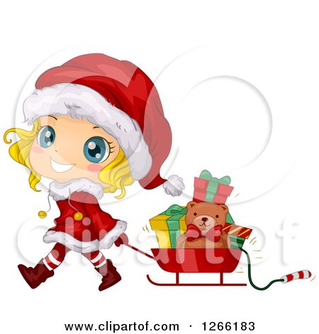 Clipart of a Cute Blond White Toddler Girl Wearing a Santa Suit and Pulling Christmas Gifts in a Sleigh - Royalty Free Vector Illustration by BNP Design Studio