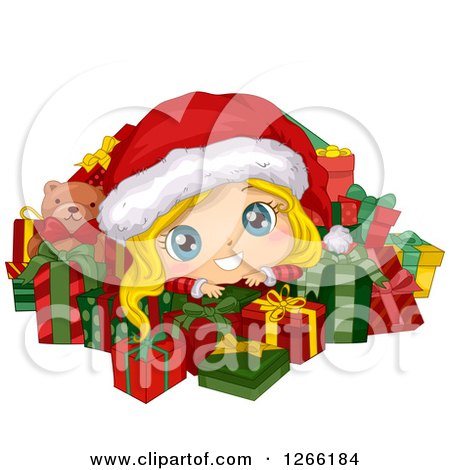 Clipart of a Cute Blond White Toddler Girl Wearing a Santa Hat and Resting on Top of Christmas Gifts - Royalty Free Vector Illustration by BNP Design Studio