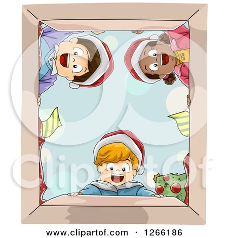Clipart of a Group of Excited Children Looking down into a Christmas Gift Box - Royalty Free Vector Illustration by BNP Design Studio